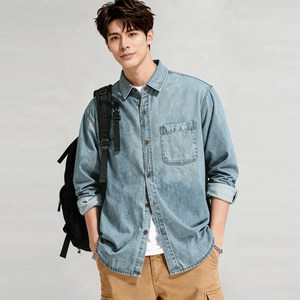 
2026 Spring and Summer New Denim Shirt Men's Long Sleeve Loose Casual Lapel Washed Shirt Jacket American Retro Trendy