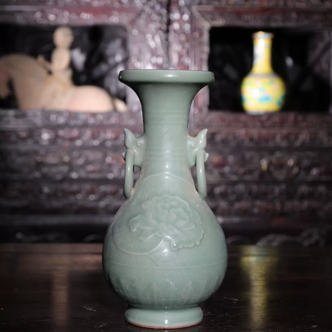 中国古玩　海鼠釉双耳長頚瓶　高さ25cm 中国 龍泉窯 青磁 双耳瓶 V R997