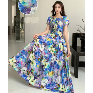 
One-length neck two-wear dress long skirt cotton silk printed artificial cotton waist beach skirt travel vacation big sling skirt