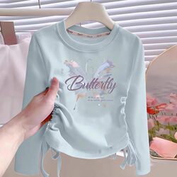 Pure Cotton Girls' Long-Sleeved T-Shirt Autumn Outfit with Drawstring Top 2025 New Stylish Fashionable Inner Layer Base Shirt for Spring and Autumn