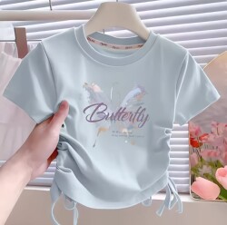 2026 Summer New Butterfly Girls' Short-Sleeve T-Shirt Children's Drawstring Clothing Stylish Tops for Girls