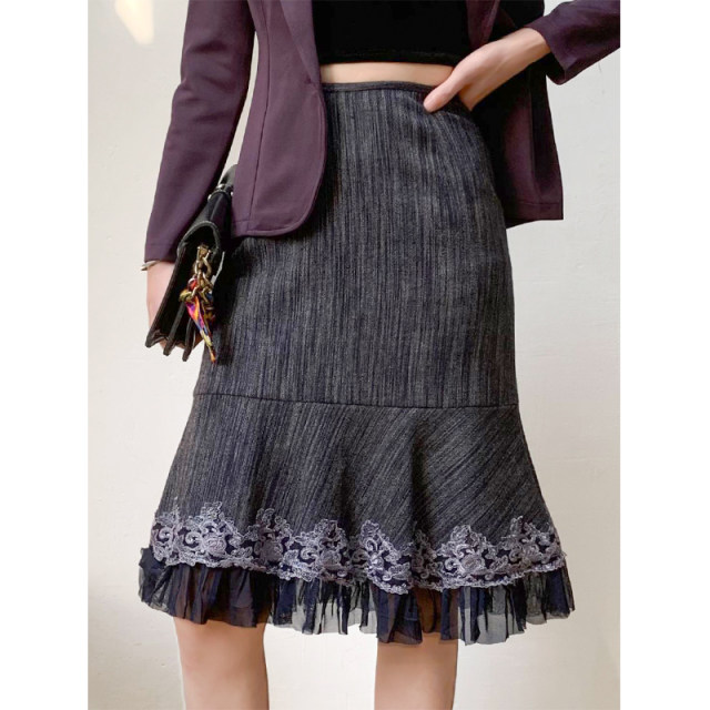 56%wool/old cargo withdrawal cabinet/splicing mesh lace comes with retro/high -waisted skirt fishtail skirt autumn and winter
