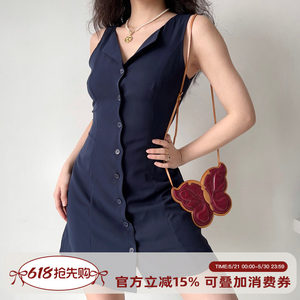 Go Girl Go European and American style V-neck single breasted sleeveless dress, women's waist cinched lace up slimming A-line short skirt