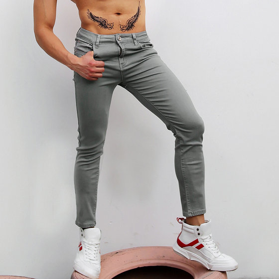 Mr. Hui's solid color nine -point pants elastic jeans men's small feet pants tight fitness trousers slim casual pants