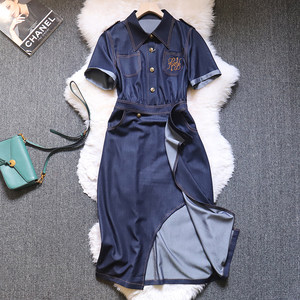 
European Station 2025 summer clothing new contrasting colored bright-line shirt denim skirt for women long high-waisted thin tensil denim dress