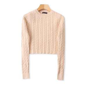 Round neck hemp pattern long-sleeved sweater Autumn and winter new short fashion sweater women's pullover warm top 08364