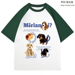 
1209 ins style dachshund bread print raglan short-sleeved T-shirt casual style couple top