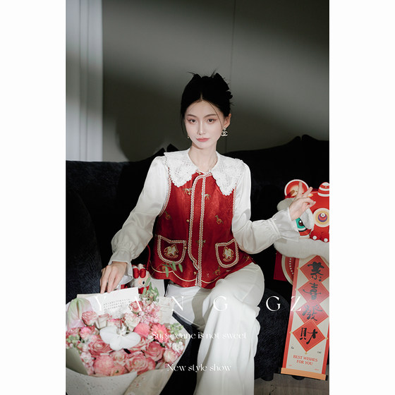 YANG GZ [Spring Breeze Double Arrival] New Chinese style new horse pattern webbing round neck cardigan vest outer top for women