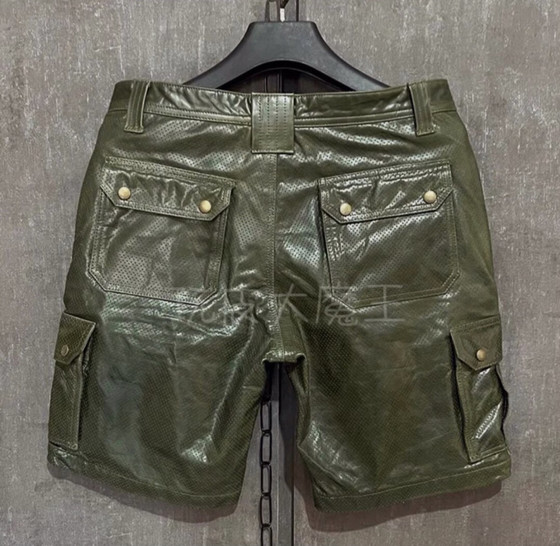 Retro green wax dyed cowon worker shorts Amea Kazaki leather pentae pants men's leather summer motorcycle leather pants
