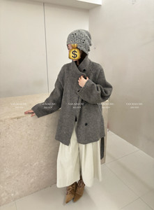 1257 Korean style versatile casual loose slimming stand-up collar double-sided wool coat mid-length lace-up woolen coat for women