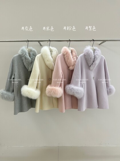 
25101-38 Korean style versatile real wool collar loose slim double-sided wool coat mid-length woolen jacket