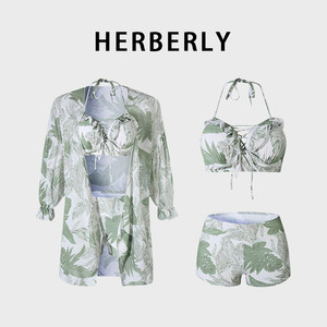 
HERBERRY Swimwear 2024 New Printed Couple Style Hot Spring Vacation Sexy Split Swimsuit Three-piece Set