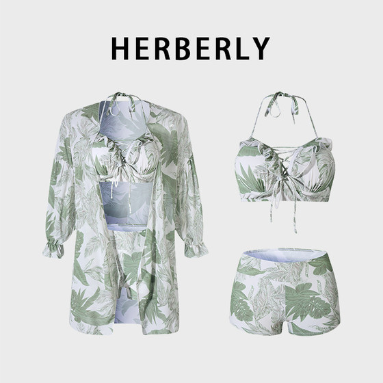 
HERBERRY Swimwear 2024 New Printed Couple Style Hot Spring Vacation Sexy Split Swimsuit Three-piece Set