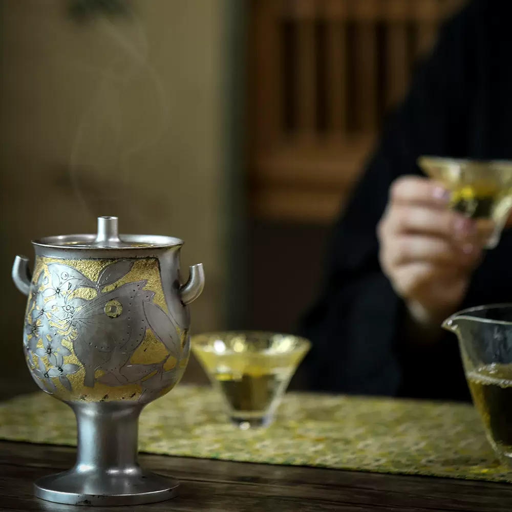 日本金工大师帖佐美行作纯银雕金錾刻唐花鸟蝶恋花薰香炉收藏级-Taobao