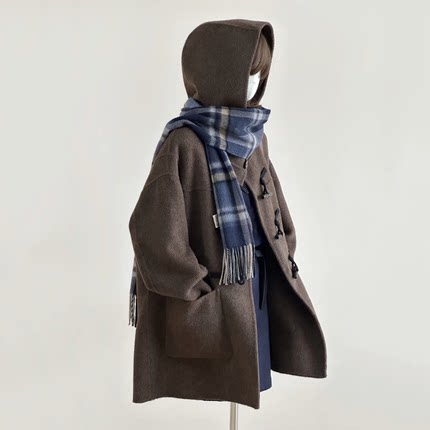 
Autumn and winter new style hooded horn button double-sided cashmere coat women's mid-length small woolen coat HL62