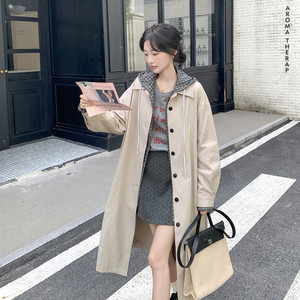 
Plaid trench coat hooded regular long spliced mid-length coat for women in autumn for small people, spring and autumn temperament and fashion