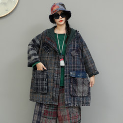 Vintage Distressed Plaid Patchwork Double-Layer Hooded Large-Pocket Cardigan Loose Mid-Length Trench Coat for Women Spring Wear