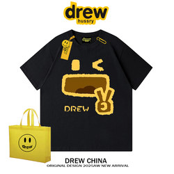 Drew American-Style Trendy Brand Biye Fun Print Short-Sleeve T-Shirt for Men and Women, Retro Loose-Fitting Couple Outfit, Pure Cotton Half-Sleeve ins