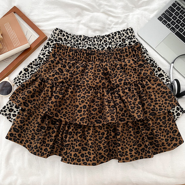 Retro fashion versatile leopard printing loose high waist and thin lotus leaf cake skirt short skirt A -line women's autumn and winter