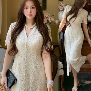 
A celebrity slightly fat mm high-end large-size dress with lace French temperament dress with hips unique and beautiful waist-pinching skirt