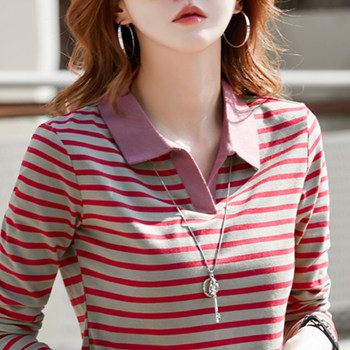 
V-neck long-sleeved striped cotton Korean T-shirt