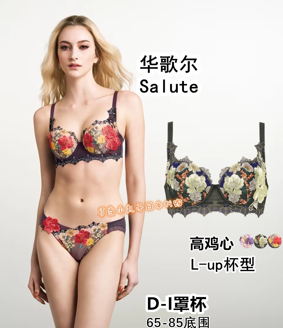 代购日本制华歌尔奢高端salute文胸上托绚烂花刺绣93集中紫绿内衣-Taobao