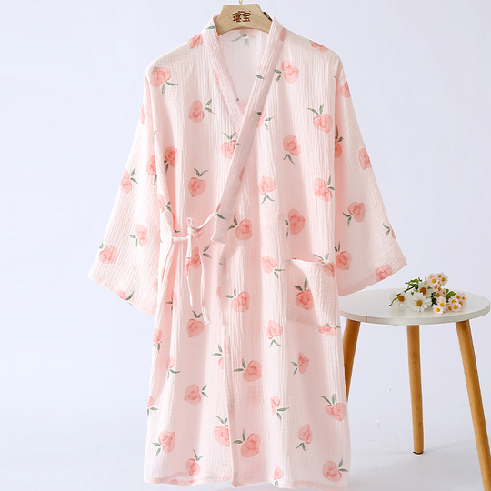 Cotton Gauze Kimono Pajamas for Women - Floral Print Nightgown