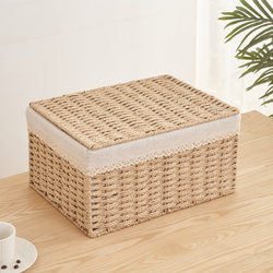 Desktop Woven Storage Basket with Lid, Large Household Imitation Rattan Storage Box for Miscellaneous Items, Snacks, Toys, Straw Woven Organizer Box