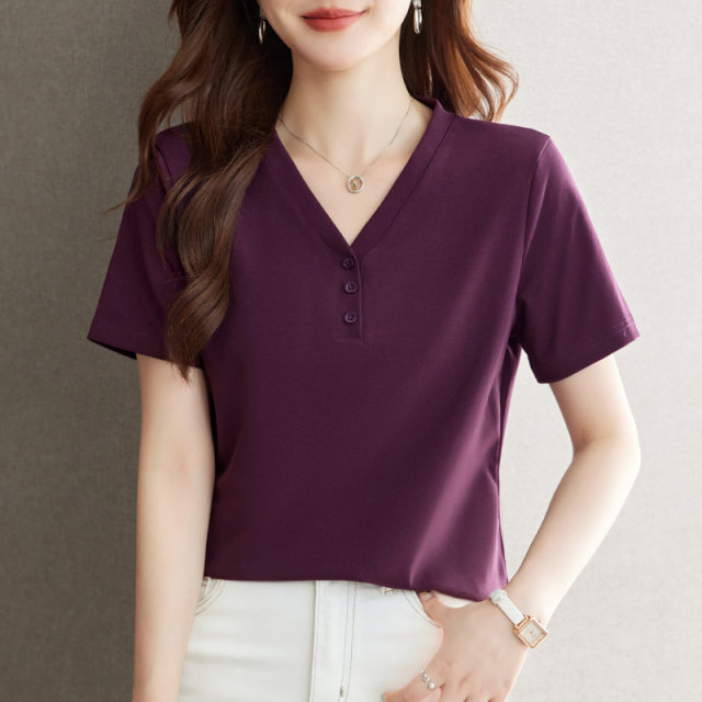 Purple V-neck Short-sleeved T-shirt for women 2025 new summer hot women's loose high-end front shoulder half-sleeved tops
