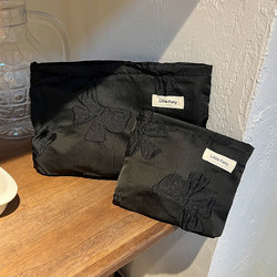 2026 New Black Zipper Cosmetic Bag for Women, Portable Large-Capacity Travel Bag, Charger, Sanitary Napkin Storage Liner