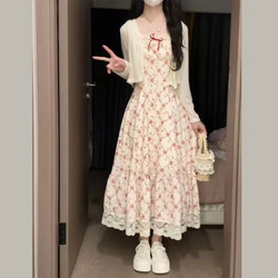 Forest-Style Pastoral Outfit, Very Beautiful Cinched-Waist Dress Two-Piece Set with Flutter Sleeves, Spaghetti Strap Floral Dress, Long Dress