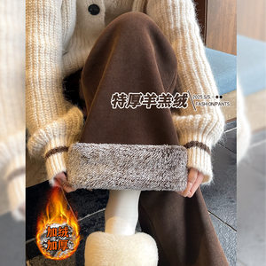 孕妇棕咖色阔腿裤秋冬季2025新款外穿加绒加厚雪尼尔裤子羊羔毛裤