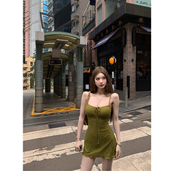 Retro Green Strappy Suspender Dress for Women, Summer Slim-Fitting Pure Desire Skirt, Holiday Style Casual Skirt, A-Line Short Skirt