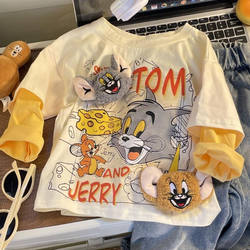 3D Tom and Jerry Plush Toy Fake Two-Piece Long-Sleeved T-Shirt for Boys, Spring and Autumn Cartoon Stylish Children's Top