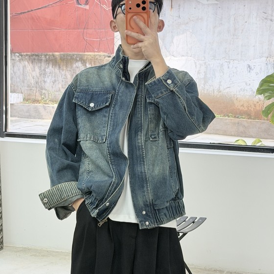 
Retro stand-up collar contrasting washed denim jacket men's new 2026 spring and autumn loose old workwear lapel jacket