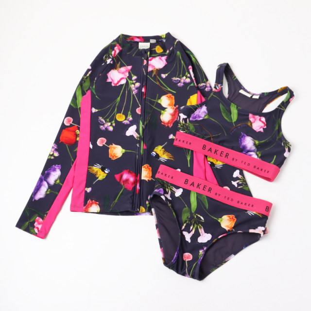 Foreign trade children's split swimsuit girl zipper long -sleeved sunscreen surfing service three -piece girl floral bikini
