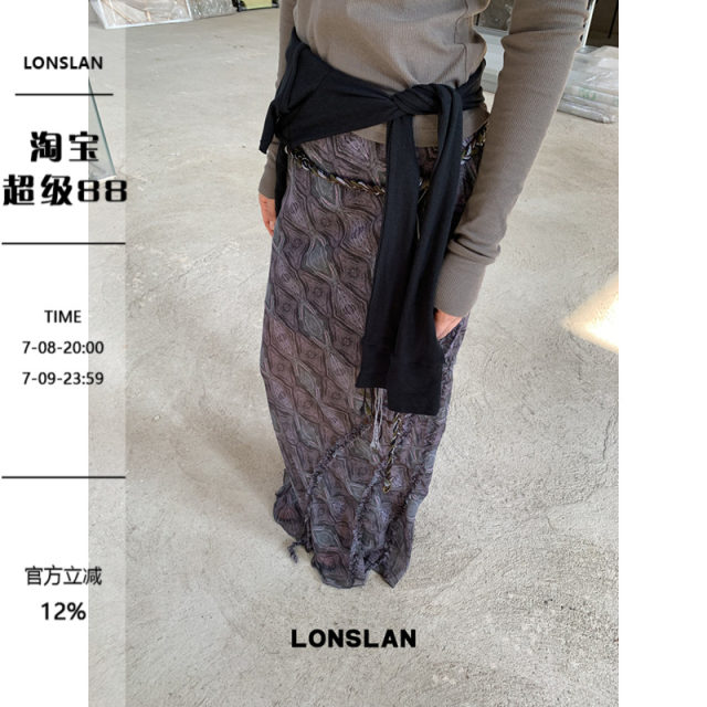 LOSLAN 25SS spring and summer new model niche pattern printed irregular lace yarn skirt
