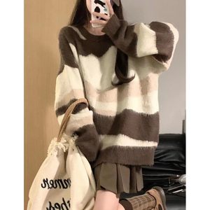 Large size fat MM Japanese retro striped sweater women wear loose laziness, lazy wind, soft, soft glutinous knitted jacket

