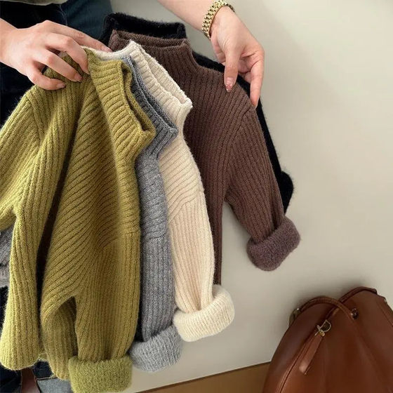 
Korean children's sweater 2025 winter boys' half turtleneck solid color velvet bottoming girl's style pullover sweater