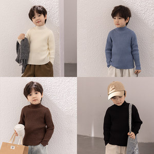 
Boys' solid color stretch mid-neck sweater, children's winter top, baby thickened knitted bottoming shirt, trendy