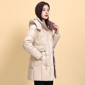
Women's down jacket with hat in winter hooded slim warm tops winter white duck down jacket mid-length beige jacket trendy