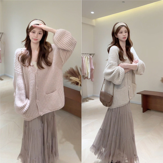 JM19 Heavy Thick Line Lazy Lantern Sleeve Sweater Cardigan Jacket