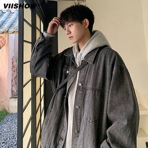 
VISHOW black denim jacket men's autumn retro lapel work jacket ins trendy brand casual top