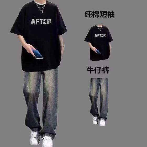 
American casual short-sleeved T-shirt men's summer suit handsome set with fashionable jeans two-piece set