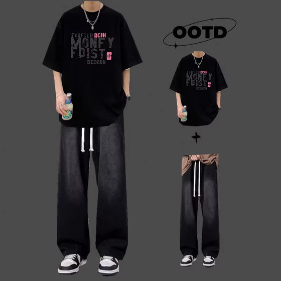 
American men's summer pure cotton short-sleeved T-shirt, a handsome suit with loose jeans, casual two-piece set