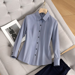 Pure Cotton Professional Women's Shirt, Gray, Elegant, Slim Fit, Suitable for Commuting, Formal Wear, Versatile, Long-Sleeved, Workwear, Square Collar, Slimming, Trendy Shirt