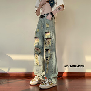 
Ripped jeans men's summer thin loose straight wide leg trendy beggar handsome pants American high street casual