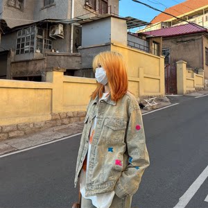 
Yellow mud washing old denim jacket men and women fashion brand loose and handsome high-end American retro jacket top