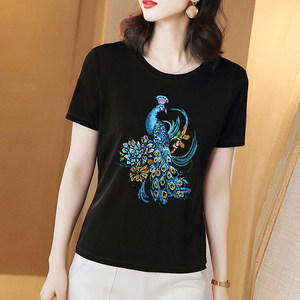 
High-end heavy industry pure cotton round neck T-shirt for women's summer new style middle-aged and elderly mothers wear large size fashionable Chinese style short-sleeved top