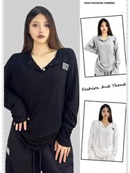 European and American Style Hip-Hop Trendy Brand Jazz Loose Long-Sleeved Top for Women, Spring and Autumn Street Style Slimming Lazy Dance Outerwear T-Shirt